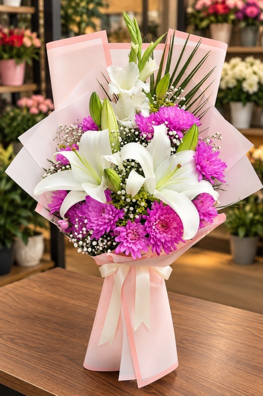 Pembe Zarafet – Lilyum ve Krizantem Buketi