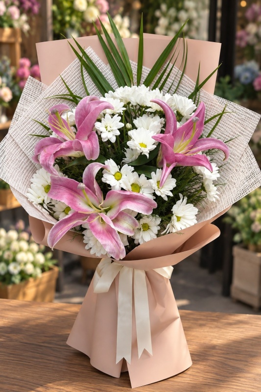 Pembe Düşler – Lilyum ve Beyaz Krizantem Buketi