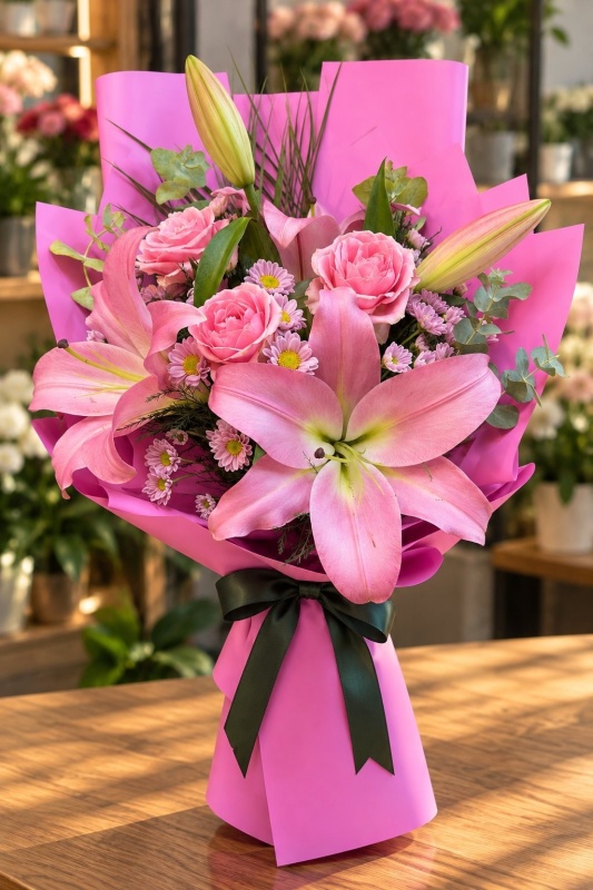 Pembe Rüya – Pembe Lilyum, Gül ve Papatya Buketi